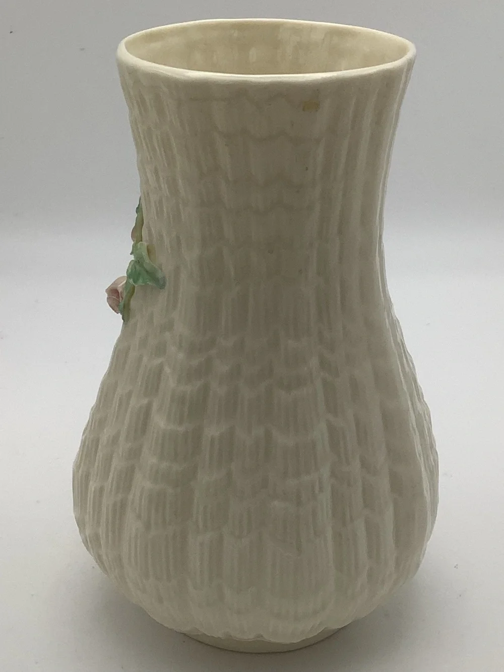 Vintage Belleek Irish Fluted Vase with 3D Floral Design